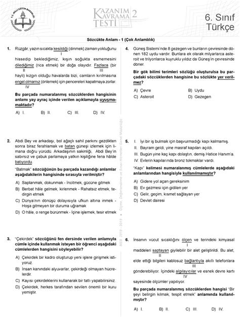 6 sınıf türkçe kazanım testleri ve cevapları