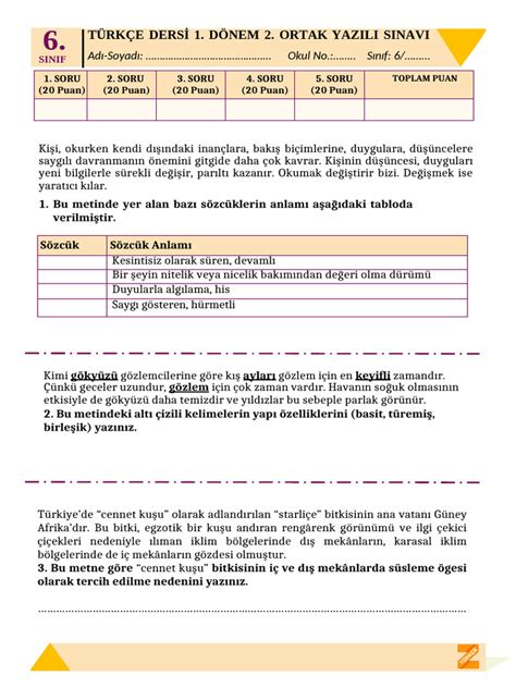 6 Sinif Türkçe 2 Dönem 1 Yazili