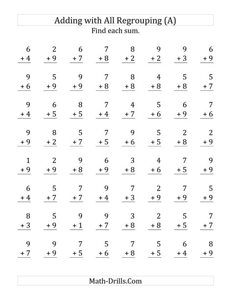 64 Single Digit Addition Questions With All Regrouping Single Digit Math Worksheets - Single Digit Math Worksheets