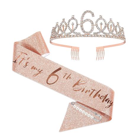 6th Birthday Sash and Tiara for Girls, Rose Gold Birthday Sash