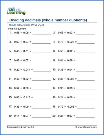 6th Grade Decimals Worksheets Division K5 Learning Decimal Worksheet For 6th Grade - Decimal Worksheet For 6th Grade