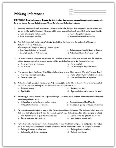 6th grade inference worksheets pdf.  (aligned with Common Core standards) ...