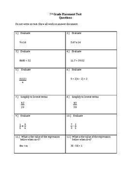 6th Grade Math Placement Test Sample Questions