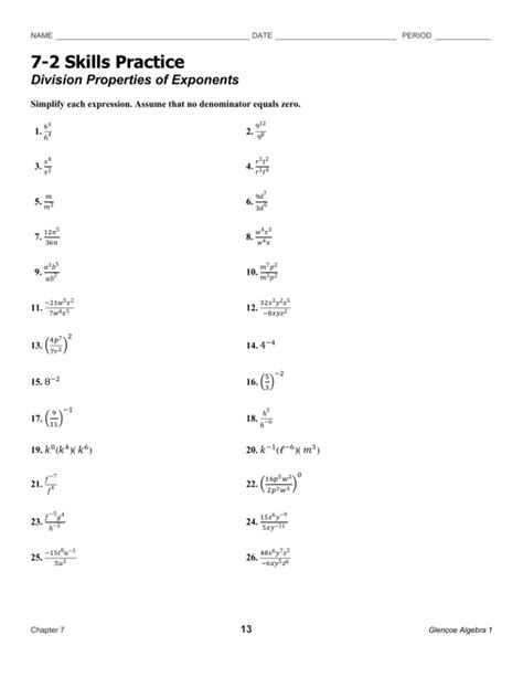 7 2 Skills Practice Division Properties Of Exponents Division Properties Of Exponents Worksheets - Division Properties Of Exponents Worksheets