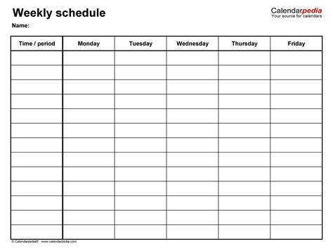 7 Day Weekly Chart Printable Template Calendar Design