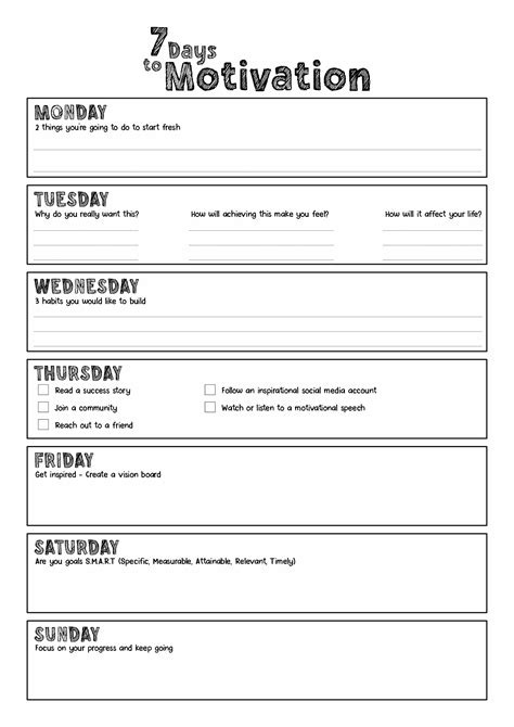 7 Days to get Motivated! Free Motivational Worksheet Printable How to
