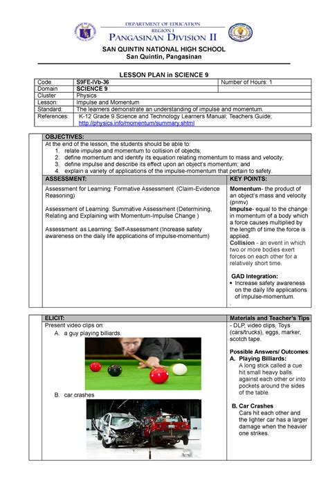 7 E Lesson Plan Impulse And Momentum