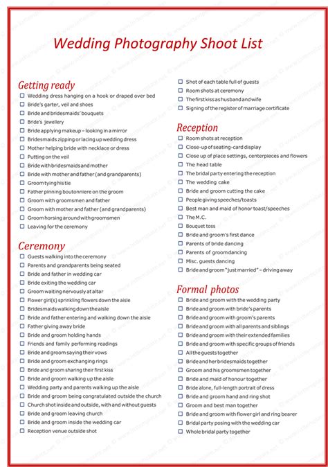 7 photography shot list templates word pdf psd free wedding