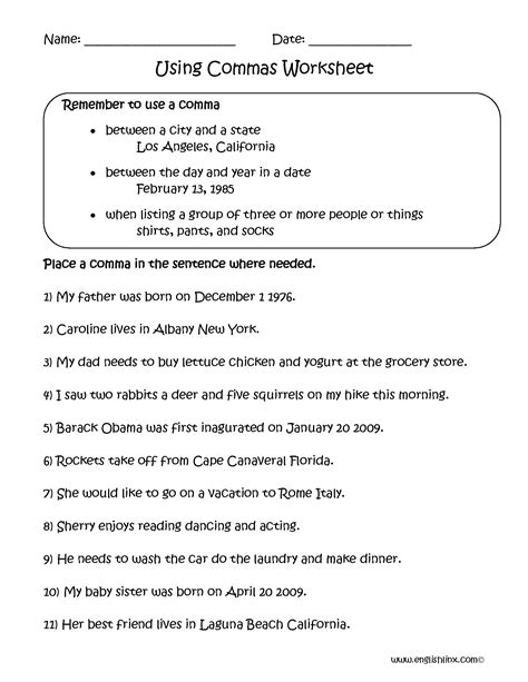7 Printable Comma Usage Worksheets For The Classroom 5th Grade Comma Dates Worksheet - 5th Grade Comma Dates Worksheet
