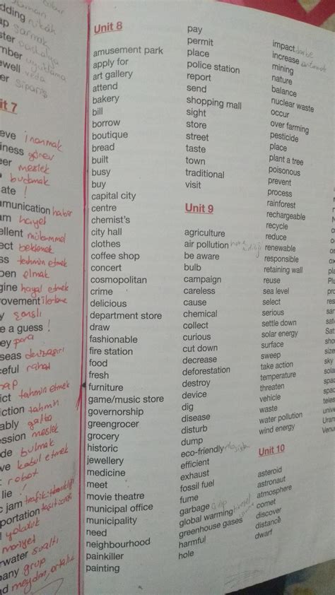7 sınıf ingilizce 8 ünite kelimeleri ve anlamları