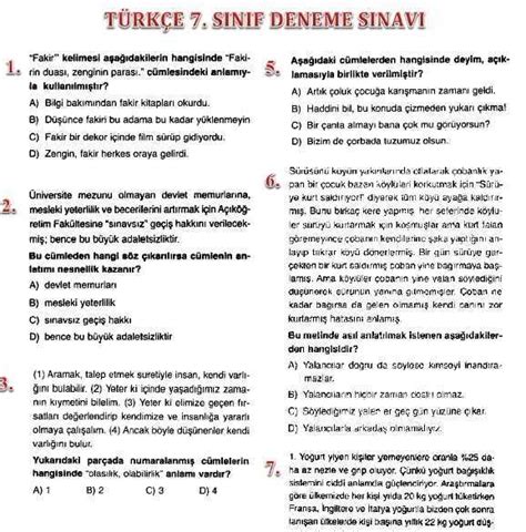7 sınıf türkçe paragrafta anlam test pdf