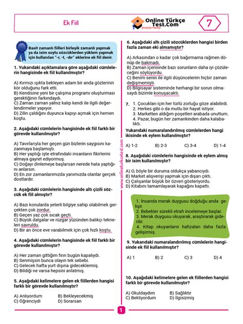 7 Sınıf Ek Fiiller Test