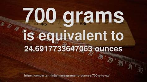 700 g to oz. 700 Grams to Pounds - Grams to Pounds - Mass and Weight - Conversion. You are currently converting Mass and Weight units from Grams to Pounds. 700 Grams (g) =. 1.54324 Pounds (lb) Visit 700 Pounds to Grams Conversion. Grams : The gram (SI unit symbol: g) is a metric system unit of mass. It is equal to one one-thousandth of the SI base unit, the ... 