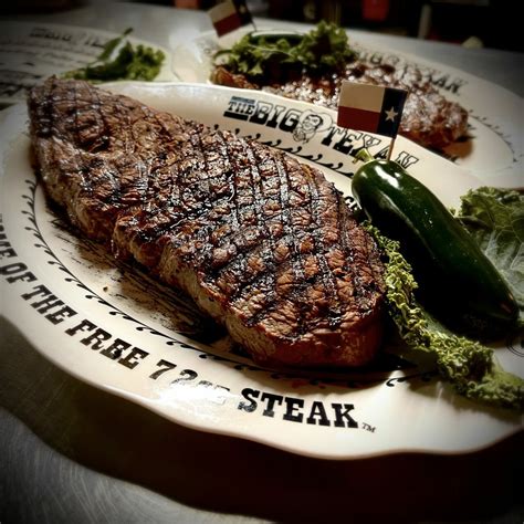 72oz steak. RV Park Office - 8AM 8:00PM. Starlight Ranch - Hours Vary. Restaurant - 806-372-6000. Motel & Airbnb - 806-372-6000. RV Ranch - 866-244-7447. Starlight Ranch - 806-372-6000. The world famous FREE 72oz. steak challenge at the historic route 66, The Big Texan Steak Ranch, located in Amarillo Texas. History, Rules, and Live Stream. 