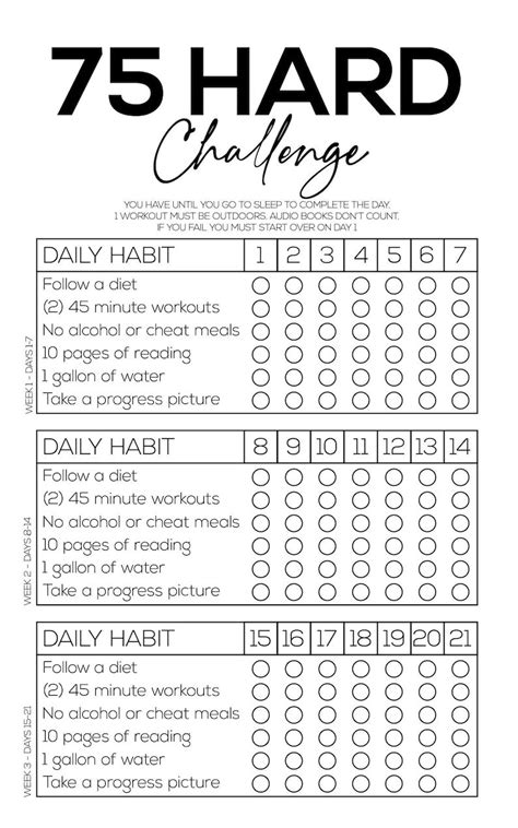 Check out our 75 hard challenge program printable selection for the very best in unique or custom, handmade pieces from our templates shops. Etsy. ... 75 Hard Challenge Tracker, 75 Hard Printable Planner, 75 Hard Checklist, 75 Hard Journal, 75 Day Challenge, Instant Download, Digital PDF (133) $ 5.00. Add to Favorites Simple One-Page 75-Day .... 