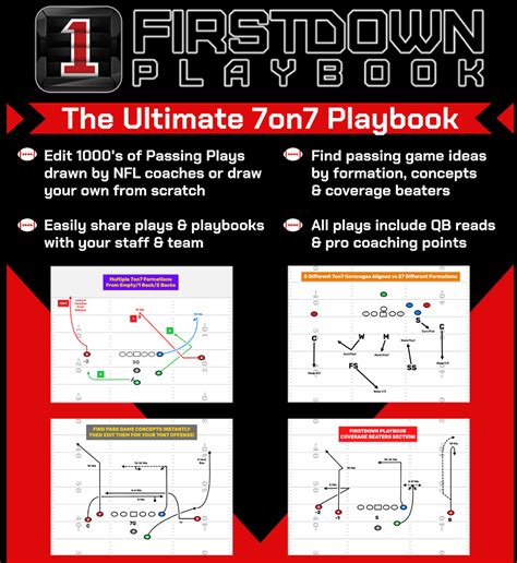 7on7 playbook. FirstDown PlayBook is the only Digital Football PlayBook that gives you access to over thirty five thousand football plays, schemes and technique help. All plays are designed by coaches and players with NFL experience. FirstDown PlayBook is also the Official Playbook of NAIA Football and NAIA Women's Flag Football. 