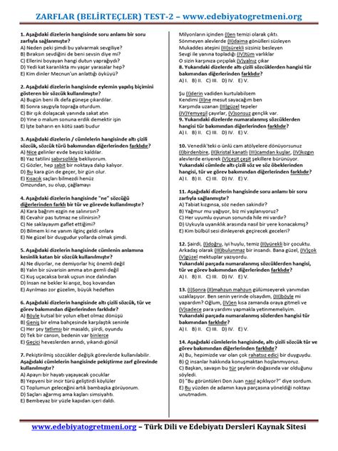 7sınıf Türkçe Zarflar Test