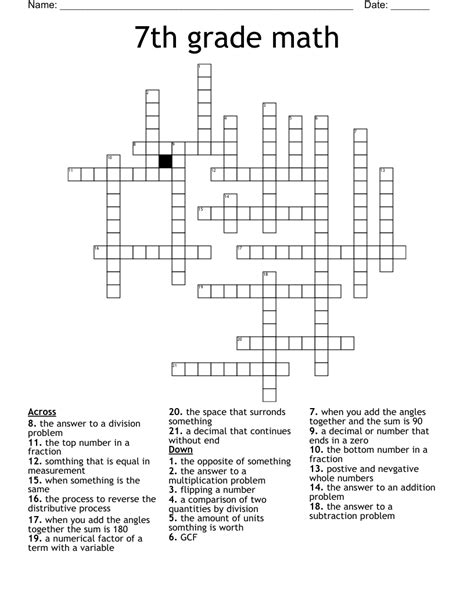 7th Grade Math Crossword Puzzles   Elementary Concept Crossword - 7th Grade Math Crossword Puzzles