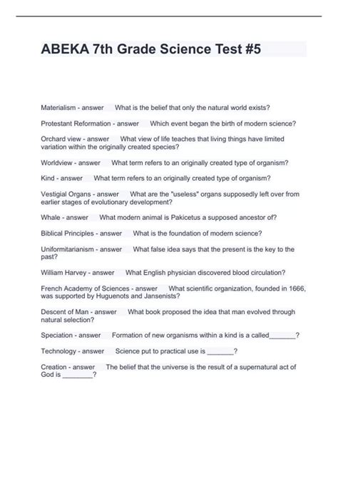 7th Grade Science Test Answer Key