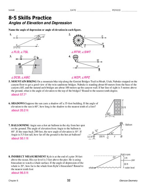 8 5 skills practice angles of elevation and depression