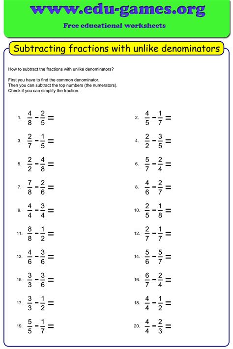 8 Free Subtracting Fractions With Unlike Denominators Worksheets Subtracting Fractions With Unlike Numerators - Subtracting Fractions With Unlike Numerators