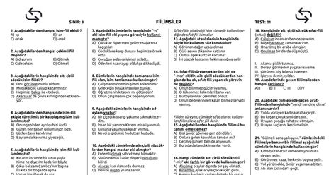 8 sınıf fiilimsiler testi 50 soru pdf