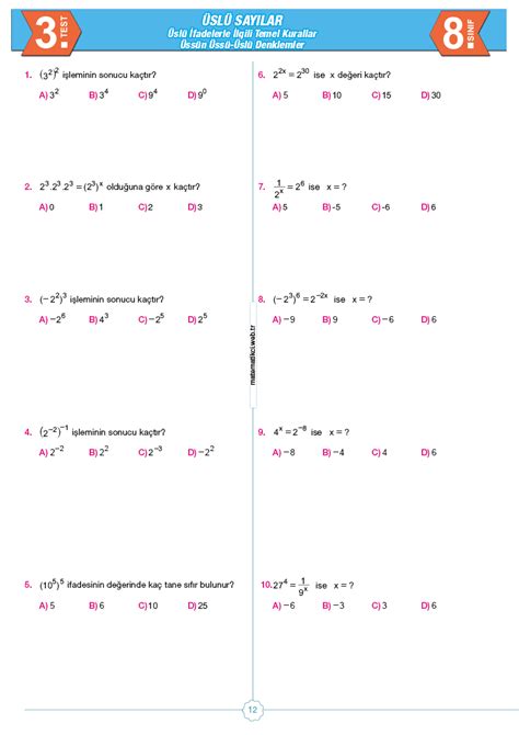 8 sınıf matematik üslü denklemler