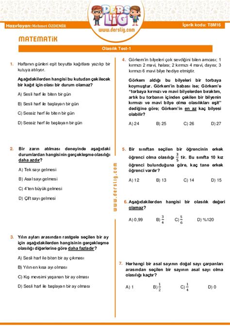 8 sınıf olasılık testi pdf