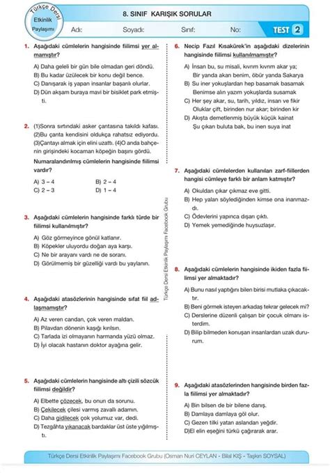 8 sınıf türkçe test