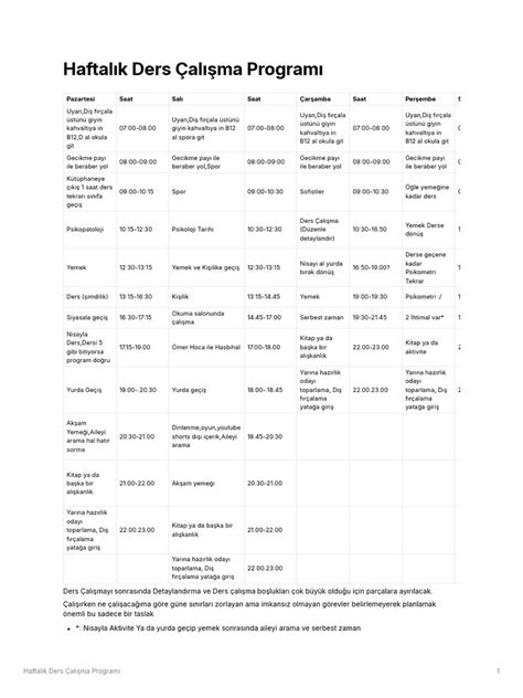 8 Sınıf Ders çalışma Programı