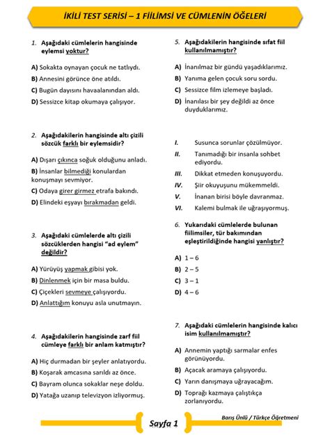 8 Sınıf Fiilimsi Test