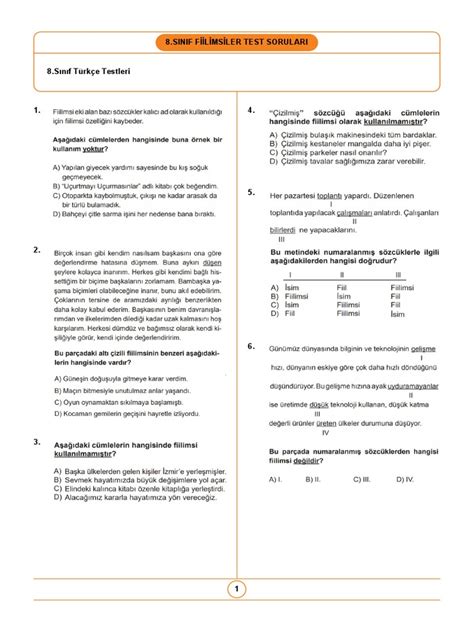 8 Sınıf Fiilimsiler Test Pdf