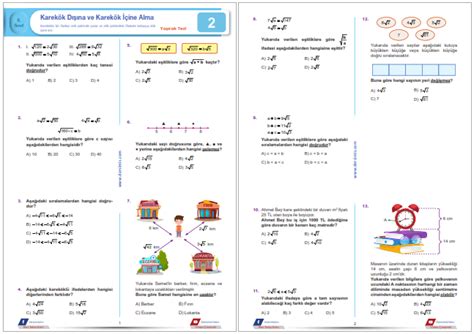 8. Sınıf Karekök Dışına ve Karekök İçine Alma Yaprak Test 2. 
