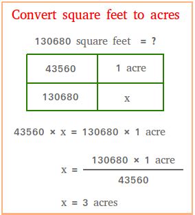 This is the formula that you should use to convert sqft to acres. The formula stands as the following: 1 Acre = 43560 square feet. 1 sq ft = 0.00002295684 acre. Acre = Square Feet * 2.29568E-5. For Example: convert 15 ft^2 to ac: 15 ft^2 = 15 × 2.29568E-5 ac = 0.0003443526 ac.. 