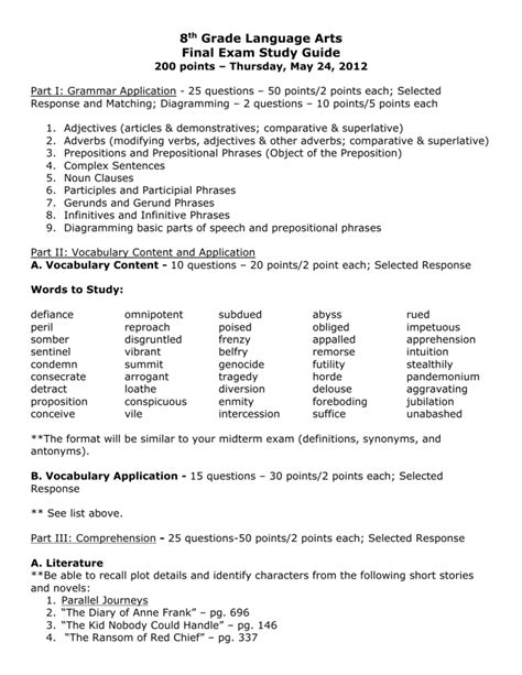 8th Grade Language Arts Final Exam Study Guide Writing