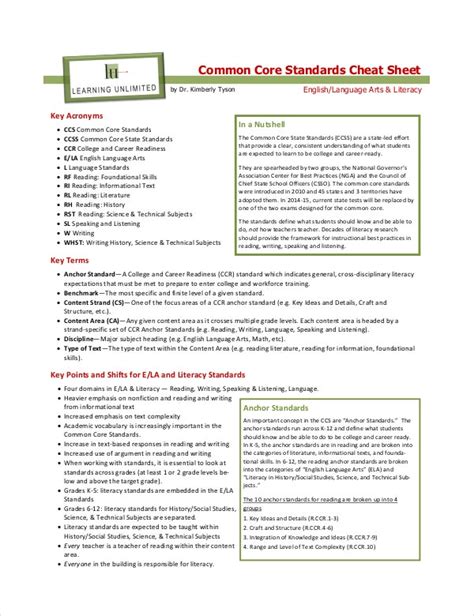 9+ Common Core Cheat Sheet - PDF, Word - Template.net