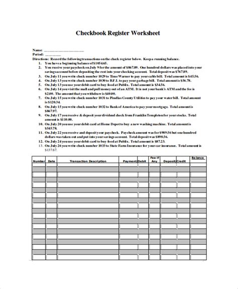 9+ Printable Check Register Samples Sample Templates Worksheet