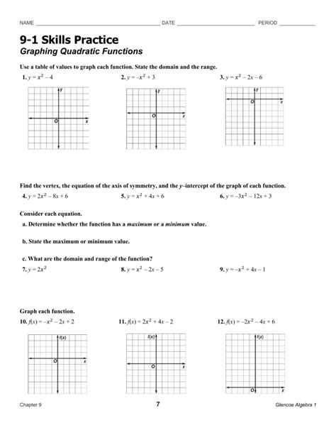 9 1 Skills Practice Graphing Quadratic Functions