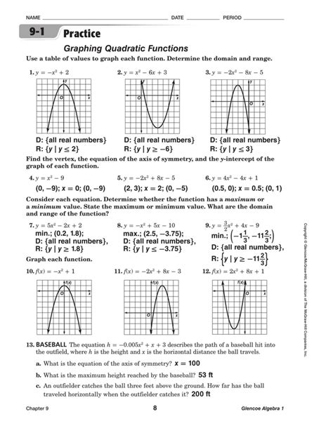 9 2 practice solving quadratic equations by graphing answer key. Jan 16, 2020 · Definitions: Forms of Quadratic Functions. A quadratic function is a function of degree two. The graph of a quadratic function is a parabola. The general form of a quadratic function is f(x) = ax2 + bx + c where a, b, and c are real numbers and a ≠ 0. The standard form of a quadratic function is f(x) = a(x − h)2 + k. 