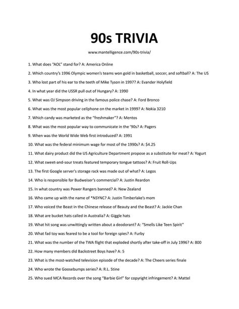 90s Trivia Questions And Answers Printable trivia questions and answers