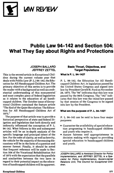94-142. Oct 31, 2017 · The four purposes of PL 94-142 were to (1) “assure that all children with disabilities have available to them… a free appropriate public education which emphasizes special education and related services designed to meet their needs,” (2) “assure that the rights of children with disabilities and their parents… are protected,” (3 ... 