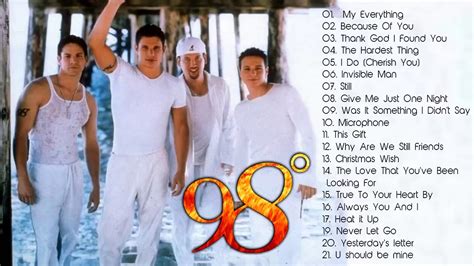 98 degrees songs. This is a comprehensive listing of official releases by 98 Degrees, an American pop musical group. 98 Degrees has released six studio albums, two compilation albums, fifteen singles, and over ten music videos under Motown Records and Universal Records. 