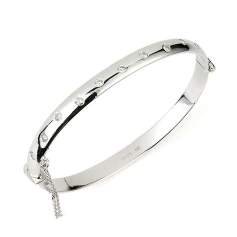 9ct 375 White Gold CZ Princess Channel Half Eternity Hinged Bangle …