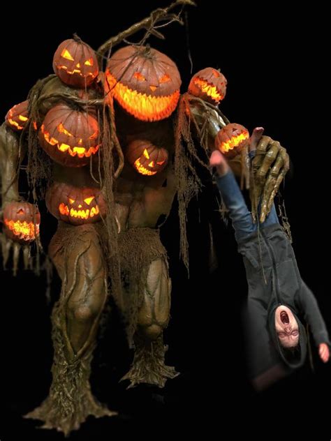 9ft giant pumpkin monster and child. Product details. 8-foot-long giant pumpkin monster is ideal for Halloween parties and haunted houses. Realistic carving details are creepy and the swinging head moves in a grotesque way to scare trick-or-treaters and guests. Weather-resistant construction is perfect for outdoor display. 
