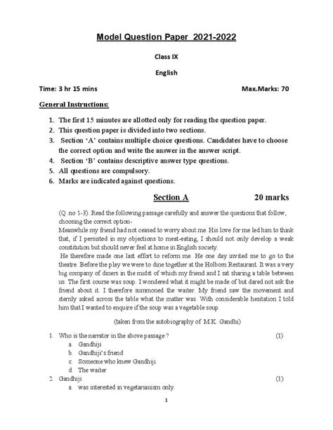 9th Class English Model Question Paper 2019