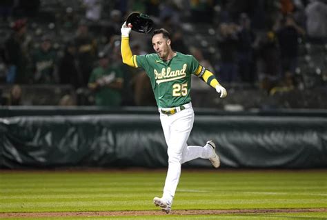 A's Rooker performs at Oakland Arena after crushing walk-off home run