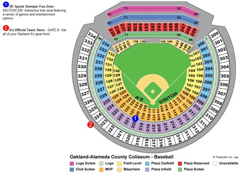 A's Seating Map. The netting extends from foul pole to foul pole. Fans in these sections are still exposed to objects leaving the field of play, including bats and bat fragments, and thrown or batted balls; ticket holder assumes all risk of injury. For more information on netting or screening coverage and seating options, please contact the .... 