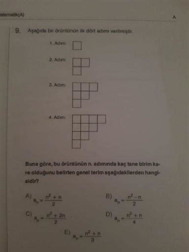 Aşağıdakilerden hangisi ilk terim olarak seçilirse, bu örüntünün diğerlerinden daha fazla terimi olur? A) 10 B) 16 C) 37 D) 45 Soruyu Boş Bırak SORU 9Sınıf Matematik Kareköklü İfadeler Testi Çöz.
