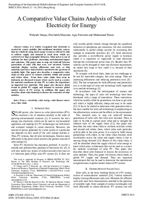 A Comparative Value Chains Analysis of Solar Electricity for Energy