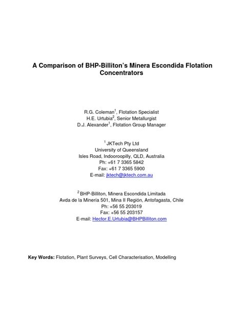 A Comparison of BHP Billiton s Minera Escondida Flotation Concentrators